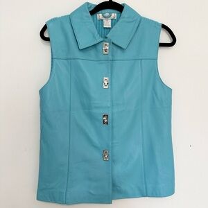Lisa INTERNATIONAL Womens Vest Size Medium Aqua Blue Lamb Skin Sweater Vest